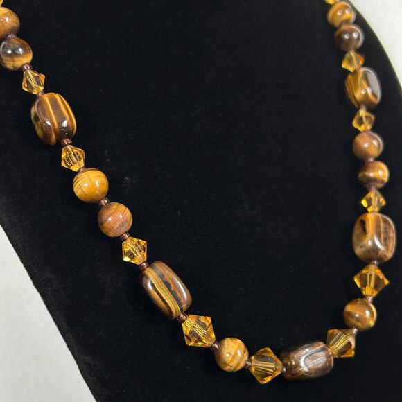 Handmade Tigers Eye + Orange Glass Necklace 18.5in w/ 2in Heart Extender - Picture 2 of 6